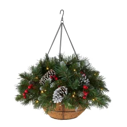 Christmas Greenery-National Tree Company Pre-Lit Artificial Christmas Hanging Basket, Frosted Berry, Decorated With Frosted Pine Cones, Berry Clusters, White Led Lights, Christmas Collection, 20 Inches