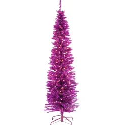 National Tree Company Slim^Pre-Lit Artificial Christmas Tree, Pink Tinsel, White Lights, Includes Stand, 7 Feet