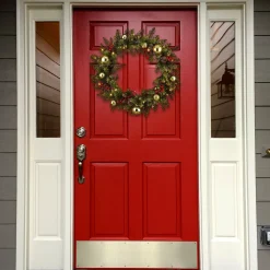 21" To 24" Wreath-National Tree Company Pre-Lit Artificial Christmas Wreath, Green, Dunhill Fir, White Lights, Decorated With Frosted Branches, Pine Cones, Red Berries, Ball Ornaments, Christmas Collection, 24 Inches