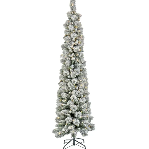 7Ft - 9Ft-National Tree Company Pre-Lit Artificial Christmas Tree, Snowy Methow Pencil Slim, With Warm White Led Lights, Plug In, 7 Ft