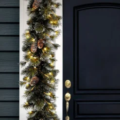 7' To 10' Garland-National Tree Company Pre-Lit Artificial Christmas Garland, Green, Glittery Pine, White Lights, Decorated With Pine Cones, Snow Flakes, Frosted Branches, Plug In, Christmas Collection, 9 Feet