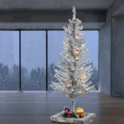 Slim-National Tree Company Pre-Lit Artificial Christmas Tree, Silver Tinsel, White Lights, Includes Stand, 4 Feet