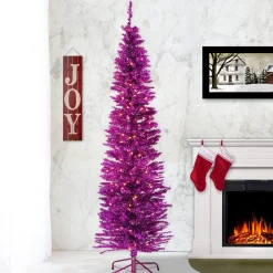 Slim-National Tree Company Pre-Lit Artificial Christmas Tree, Pink Tinsel, White Lights, Includes Stand, 6 Feet