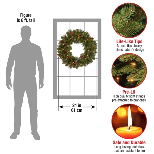 21" To 24" Wreath-National Tree Company Pre-Lit Artificial Christmas Wreath, Green, Crestwood Spruce, White Lights, Plug-In, Decorated With Pine Cones, Berry Clusters, Christmas Collection, 24 Inches