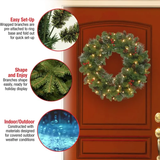21" To 24" Wreath-National Tree Company Pre-Lit Artificial Christmas Wreath, Green, Crestwood Spruce, White Lights, Plug-In, Decorated With Pine Cones, Berry Clusters, Christmas Collection, 24 Inches