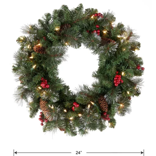 21" To 24" Wreath-National Tree Company Pre-Lit Artificial Christmas Wreath, Green, Crestwood Spruce, White Lights, Plug-In, Decorated With Pine Cones, Berry Clusters, Christmas Collection, 24 Inches