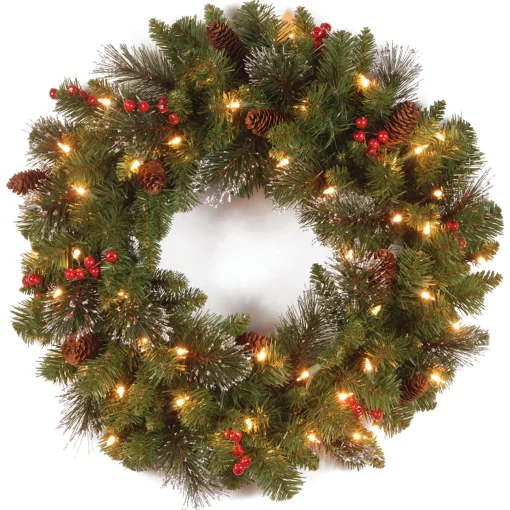 21" To 24" Wreath-National Tree Company Pre-Lit Artificial Christmas Wreath, Green, Crestwood Spruce, White Lights, Plug-In, Decorated With Pine Cones, Berry Clusters, Christmas Collection, 24 Inches