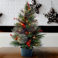 Warm White Led-National Tree Company Pre-Lit Artificial Christmas Tree, Green, Colonial Fir, White Led Lights, Decorated With Berry Clusters, Pine Cones, Includes Pot Base, Battery Operated, 2 Feet