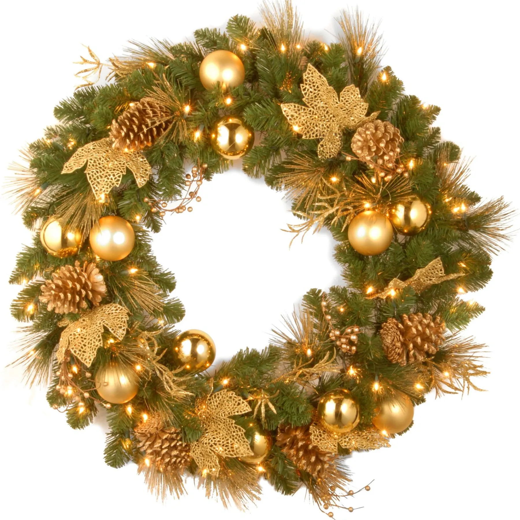 25" To 36" Wreath-National Tree Company Pre-Lit Artificial Christmas Wreath, Green, Elegance, White Lights, Decorated With Pine Cones, Berry Clusters, Ball Ornaments, Christmas Collection, 36 Inches