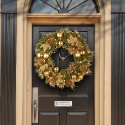 25" To 36" Wreath-National Tree Company Pre-Lit Artificial Christmas Wreath, Green, Elegance, White Lights, Decorated With Pine Cones, Berry Clusters, Ball Ornaments, Christmas Collection, 36 Inches