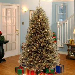 National Tree Company Full^Pre-Lit Artificial Christmas Tree, Rocky Ridge Pine, Green, White Lights, Includes Stand, 6.5 Feet