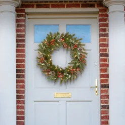 21" To 24" Wreath-National Tree Company Pre-Lit Artificial Christmas Wreath, Green, Frosted Berry, White Lights, Decorated With Frosted Branches, Pine Cones, Christmas Collection, 24 Inches