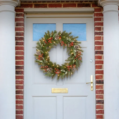 21" To 24" Wreath-National Tree Company Pre-Lit Artificial Christmas Wreath, Green, Frosted Berry, White Lights, Decorated With Frosted Branches, Pine Cones, Christmas Collection, 24 Inches