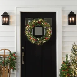 21" To 24" Wreath-National Tree Company Pre-Lit Artificial Christmas Wreath, Green, Frosted Berry, White Lights, Decorated With Pine Cones, Berry Clusters, Frosted Branches, Christmas Collection, 24 Inches