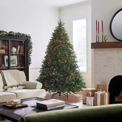 Full-National Tree Company Pre-Lit Artificial Christmas Tree, Green, Jersey Fraser Fir, 'Feel Real', Multi-Color Lights, Includes Stand, 7.5 Feet