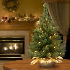 Under 5Ft-National Tree Company Pre-Lit Artificial Christmas Tree, Majestic Fir, Green, White Lights, Includes Gold Cloth Base, 2 Feet