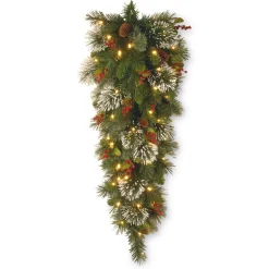 Christmas Greenery-National Tree Company Pre-Lit Artificial Christmas Teardrop, Green, Wintry Pine, White Lights, Decorated With Pine Cones, Berry Clusters, Frosted Branches, Christmas Collection, 48 Inches