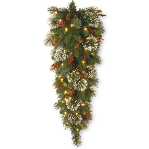 Christmas Greenery-National Tree Company Pre-Lit Artificial Christmas Teardrop, Green, Wintry Pine, White Lights, Decorated With Pine Cones, Berry Clusters, Frosted Branches, Christmas Collection, 48 Inches