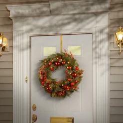 21" To 24" Wreath-National Tree Company Pre-Lit Artificial Christmas Wreath, Green, Evergreen, White Lights, Decorated With Ball Ornaments, Red Sprigs, Christmas Collection, 24 Inches