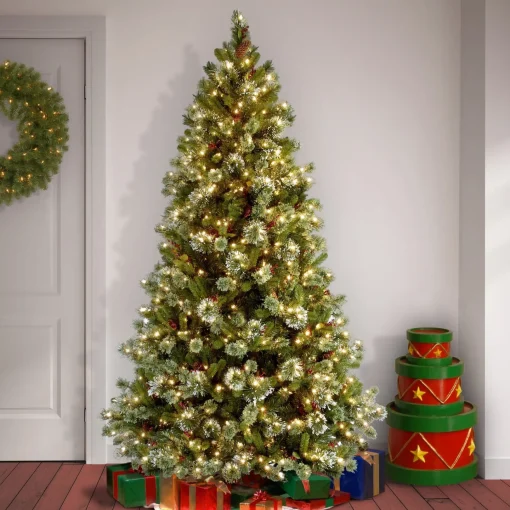 7Ft - 9Ft-National Tree Company Pre-Lit Artificial Christmas Tree, Wintry Pine, Green, White Lights, Decorated With Pine Cones, Berry Clusters, Includes Stand, 7.5 Feet