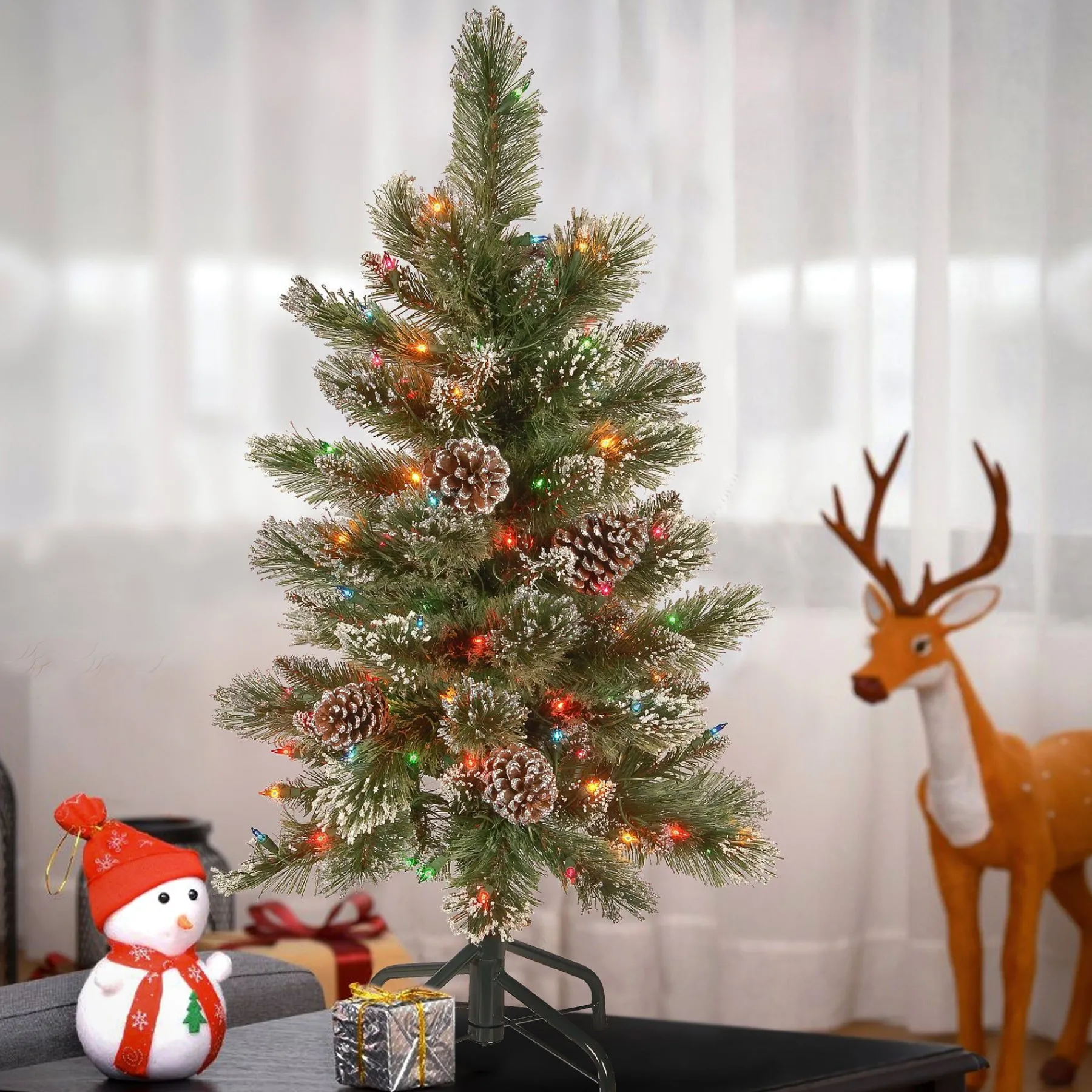 Slim-National Tree Company Pre-Lit Artificial Christmas Tree, Glittering Pine Pencil Slim With Multicolor Lights, Plug In, 3 Ft