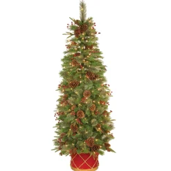 National Tree Company Potted Plants^Pre-Lit Artificial Entrance Christmas Tree, Colonial Fir, Green, White Lights, Decorated With Flowers, Includes Metal Base, 6 Feet