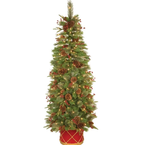 National Tree Company Potted Plants^Pre-Lit Artificial Entrance Christmas Tree, Colonial Fir, Green, White Lights, Decorated With Flowers, Includes Metal Base, 6 Feet