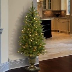 5Ft - 6Ft-National Tree Company Pre-Lit Artificial Entrance Christmas Tree, Green, Dunhill Fir, White Lights, Includes Decorative Urn Base, 4 Feet