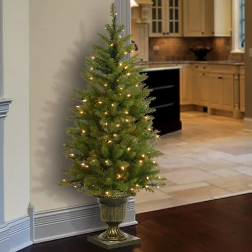 5Ft - 6Ft-National Tree Company Pre-Lit Artificial Entrance Christmas Tree, Green, Dunhill Fir, White Lights, Includes Decorative Urn Base, 4 Feet