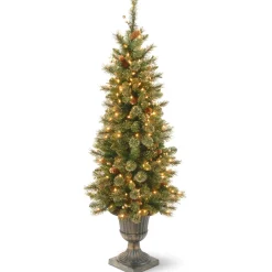 Slim-National Tree Company Pre-Lit Artificial Entrance Christmas Tree, Glittery Gold Pine, Green, White Lights, Decorated With Berry Clusters, Pine Cones, Includes Metal Base, 4 Feet