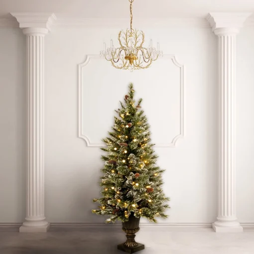 Warm White Led-National Tree Company Pre-Lit Artificial Entrance Christmas Tree, Green, Glittery Bristle Pine, White Lights, Flocked With Pine Cones, Frosted Branches, Includes Stand, 5 Feet