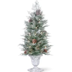 National Tree Company Slim^Pre-Lit Artificial Entrance Christmas Tree, Frosted Mountain Spruce, Green, White Lights, Decorated With Berry Clusters, Pine Cones, Includes Metal Base, 4 Feet