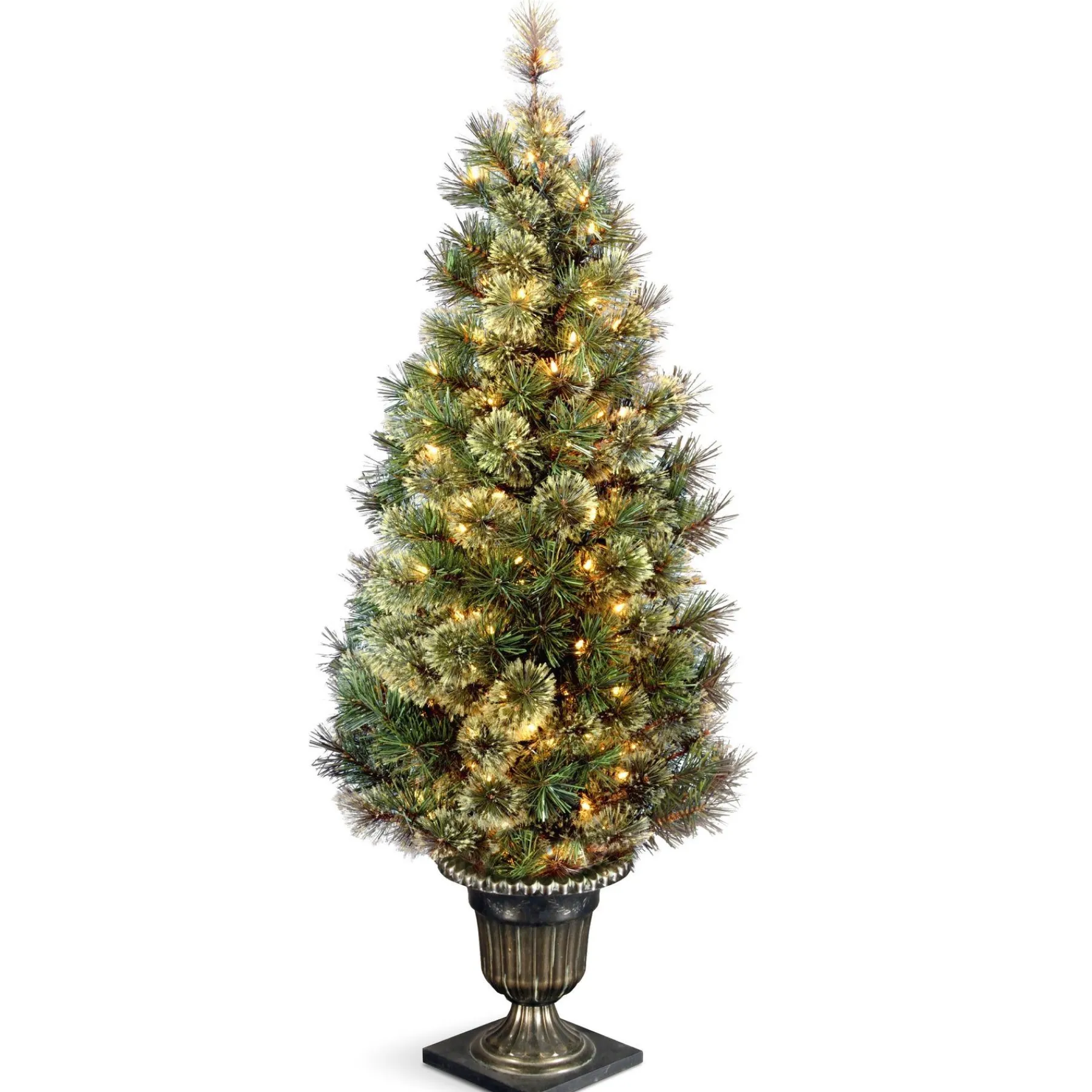 Slim-National Tree Company Pre-Lit Artificial Entrance Christmas Tree, Wispy Willow Grande, Green, White Lights, Includes Metal Base, 5 Feet