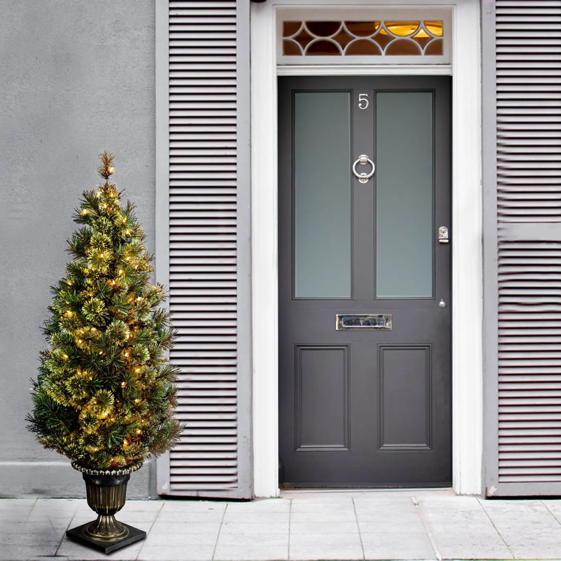 Slim-National Tree Company Pre-Lit Artificial Entrance Christmas Tree, Wispy Willow Grande, Green, White Lights, Includes Metal Base, 5 Feet