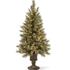 5Ft - 6Ft-National Tree Company Pre-Lit Artificial Entrance Christmas Tree, Green, Glittery Bristle Pine, White Led Lights, Flocked With Pine Cones, Frosted Branches, Includes Decorative Urn Base, 5 Feet