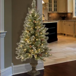 5Ft - 6Ft-National Tree Company Pre-Lit Artificial Entrance Christmas Tree, Green, Glittery Bristle Pine, White Led Lights, Flocked With Pine Cones, Frosted Branches, Includes Decorative Urn Base, 5 Feet