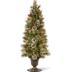 Slim-National Tree Company Pre-Lit Artificial Entrance Christmas Tree, Wintry Pine, Green, White Lights, Decorated With Berry Clusters, Pine Cones, Includes Metal Base, 5 Feet