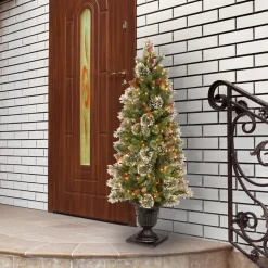 Slim-National Tree Company Pre-Lit Artificial Entrance Christmas Tree, Wintry Pine, Green, White Lights, Decorated With Berry Clusters, Pine Cones, Includes Metal Base, 5 Feet