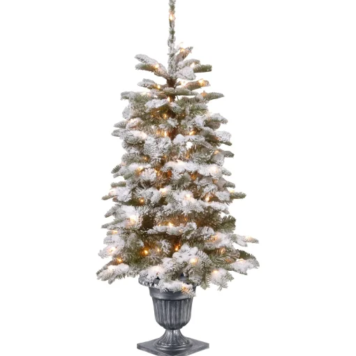 Slim-National Tree Company Pre-Lit Artificial Entrance Christmas Tree, Snowy Camden, Green, White Lights, Includes Metal Base, 4 Feet