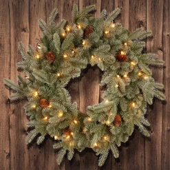 21" To 24" Wreath-National Tree Company Pre-Lit Artificial 'Feel Real' Christmas Wreath, Green, Frosted Arctic Spruce, White Lights, Decorated With Pine Cones, Christmas Collection, 24 Inches