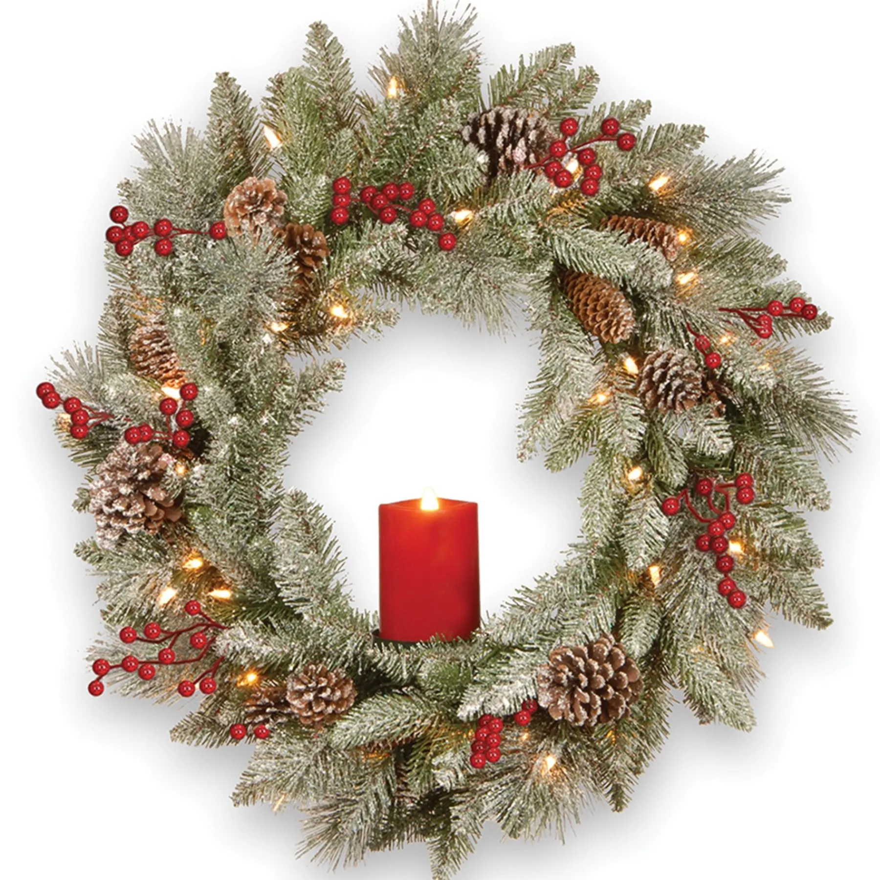21" To 24" Wreath-National Tree Company Pre-Lit Artificial 'Feel Real' Christmas Wreath, Green, Bristle Berry Pine, White Lights, Decorated With Berry Clusters, Pine Cones, Candle Holder, Christmas Collection, 24 Inches