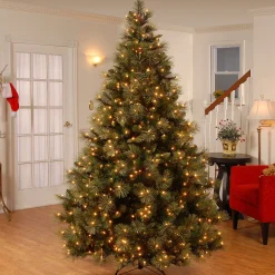 National Tree Company Full^Pre-Lit Artificial Full Christmas Tree, Green, Carolina Pine, White Lights, Includes Stand, 7.5 Feet