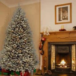 7Ft - 9Ft-National Tree Company Pre-Lit Artificial Full Christmas Tree, Blue, Dunhill Fir, White Lights, Includes Stand, 7.5 Feet