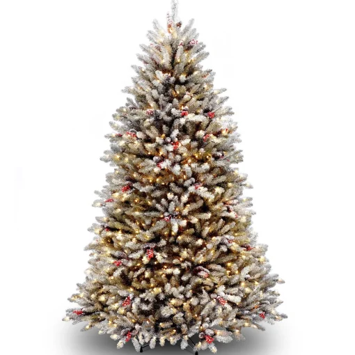 Full-National Tree Company Pre-Lit Artificial Full Christmas Tree, Green, Dunhill Fir, White Lights, Includes Stand, 6.5 Feet