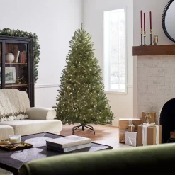 Full-National Tree Company Pre-Lit Artificial Full Christmas Tree, Green, Dunhill Fir, White Lights, Includes Stand, 6.5 Feet
