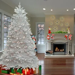 7Ft - 9Ft-National Tree Company Pre-Lit Artificial Full Christmas Tree, White, Dunhill Fir, White Lights, Includes Stand, 7.5 Feet