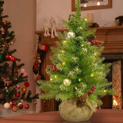 5Ft - 6Ft-National Tree Company Pre-Lit Artificial Full Christmas Tree, Glittery Gold, Dunhill Fir, White Lights, Decorated With Pine Cones, Berry Clusters, Frosted Branches, Includes Burlap Base, 2 Feet
