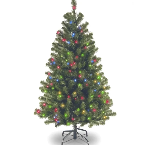 Full-National Tree Company Pre-Lit Artificial Full Christmas Tree, Green, North Valley Spruce, Multicolor Lights, Includes Stand, 4.5 Feet