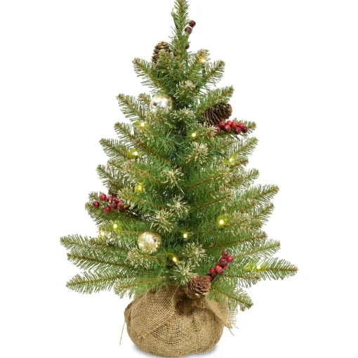 Full-National Tree Company Pre-Lit Artificial Full Christmas Tree, Glittery Gold, Dunhill Fir, White Lights, Decorated With Pine Cones, Berry Clusters, Frosted Branches, Includes Burlap Base, 2 Feet