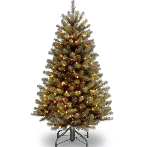 Full-National Tree Company Pre-Lit Artificial Full Christmas Tree, Green, North Valley Spruce, White Lights, Includes Stand, 5 Feet